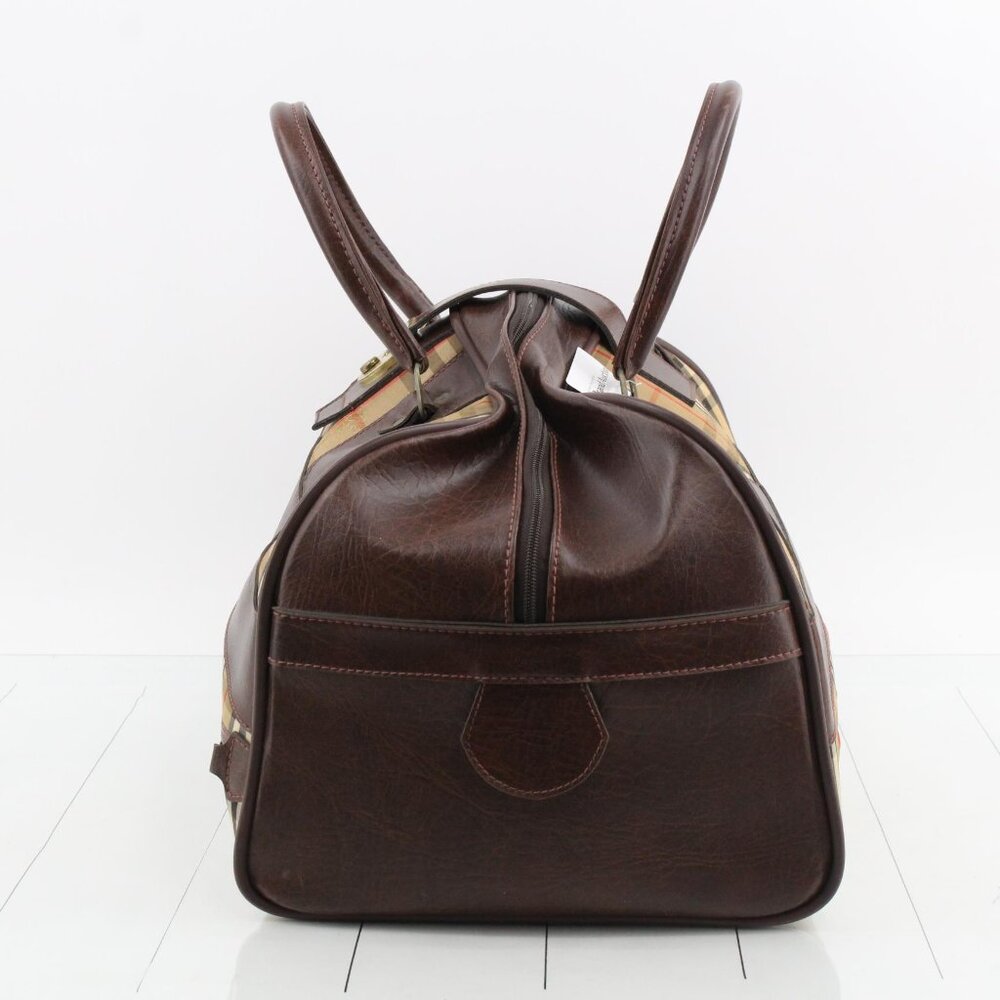 Burberry Tan Plaid Canvas and Brown Leather Duffel Bag - Picture 2 of 7